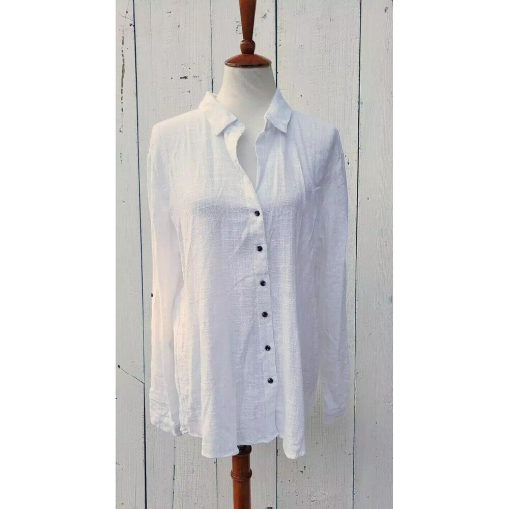 XCVI Women White Collared Button Up Long Sleeve 100% Cotton Relaxed Shirt Sz L